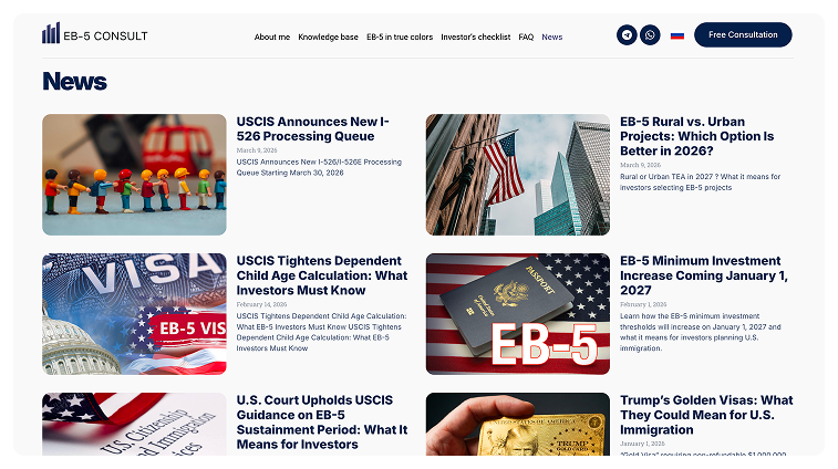 Кейс Виза EB-5: скриншот сайта, экран 4 из 10