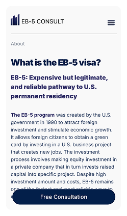 Кейс Виза EB-5: скриншот сайта, экран 8 из 10